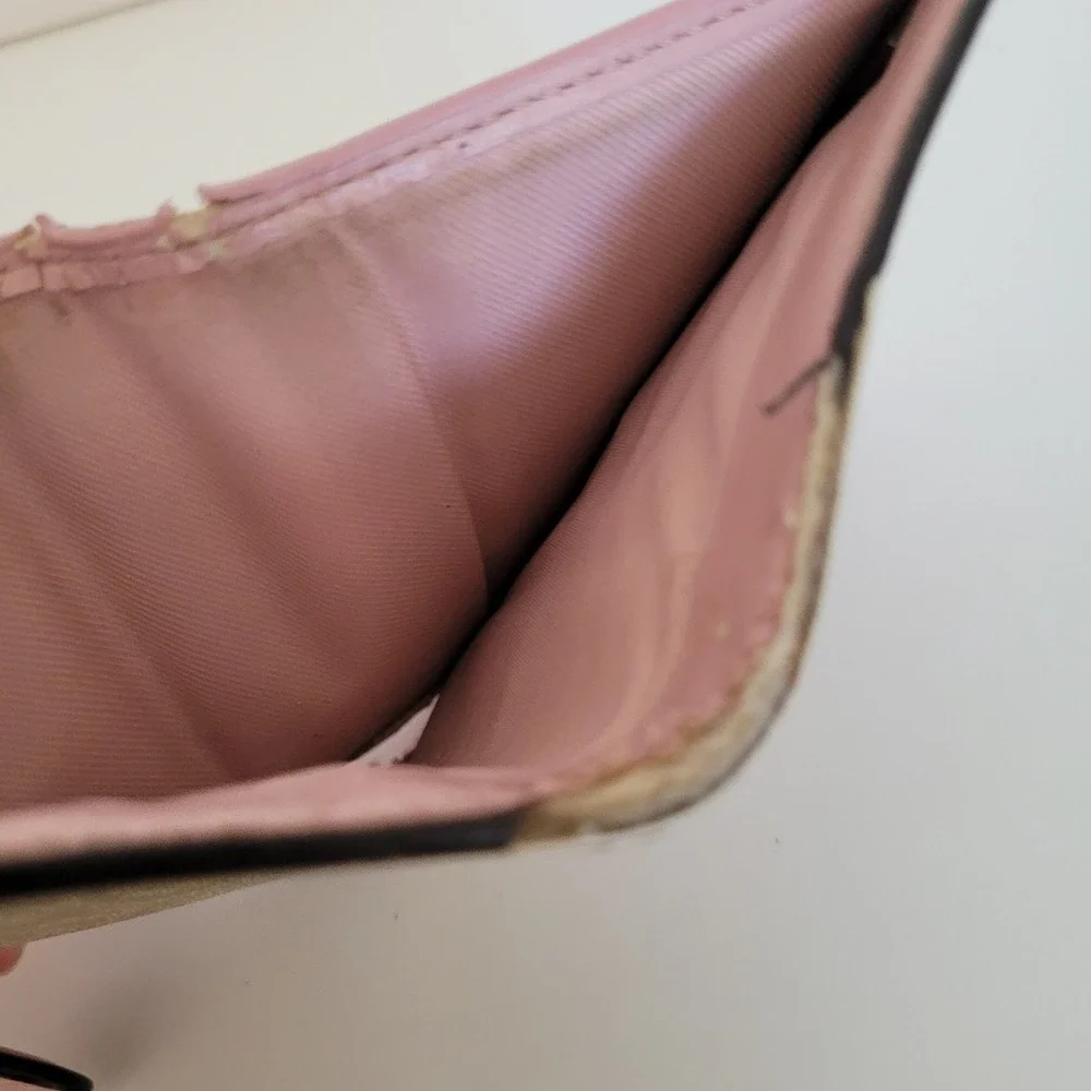 Coach Small Trifold Wallet Pink Khaki Signature Canvas Leather Trim